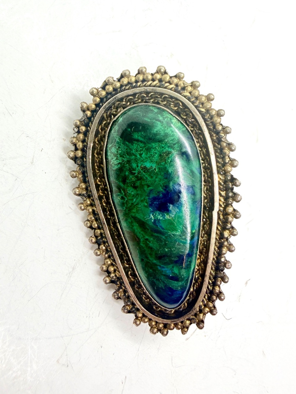 Vintage MCM Eilat Sterling Silver & Green Gemstone King Solomon Stone Brooch Pin